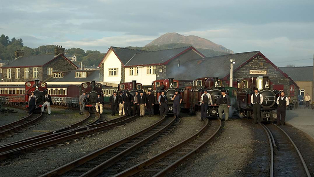 Loco crews in authentic costume - always a key part of any FR Heritage Weekend - line up with their charges at Harbour Station
